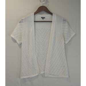 HANNAH White Pointelle Knit Short Sleeve Open Front Cardigan Sweater Women's M